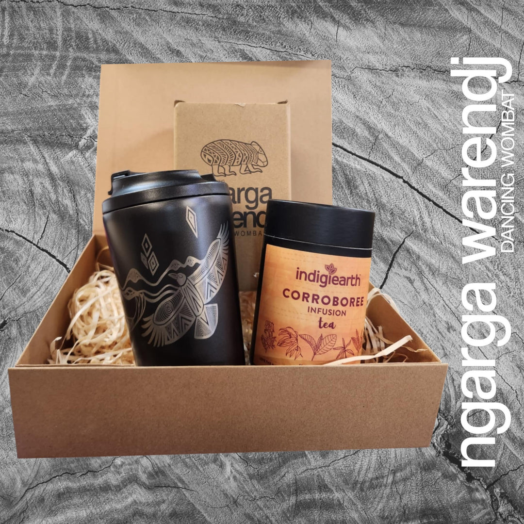 Ngarga Warendj Gift Box Indigiearth Tea and Bunjil and Waa Stainless Steel Keep Cup Hamper Pack