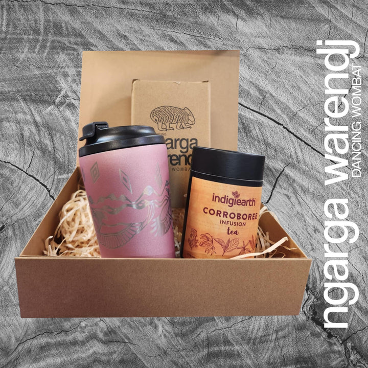 Ngarga Warendj Gift Box Indigiearth Tea and Bunjil and Waa Stainless Steel Keep Cup Hamper Pack