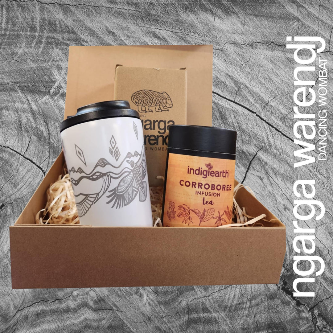 Ngarga Warendj Gift Box Indigiearth Tea and Bunjil and Waa Stainless Steel Keep Cup Hamper Pack