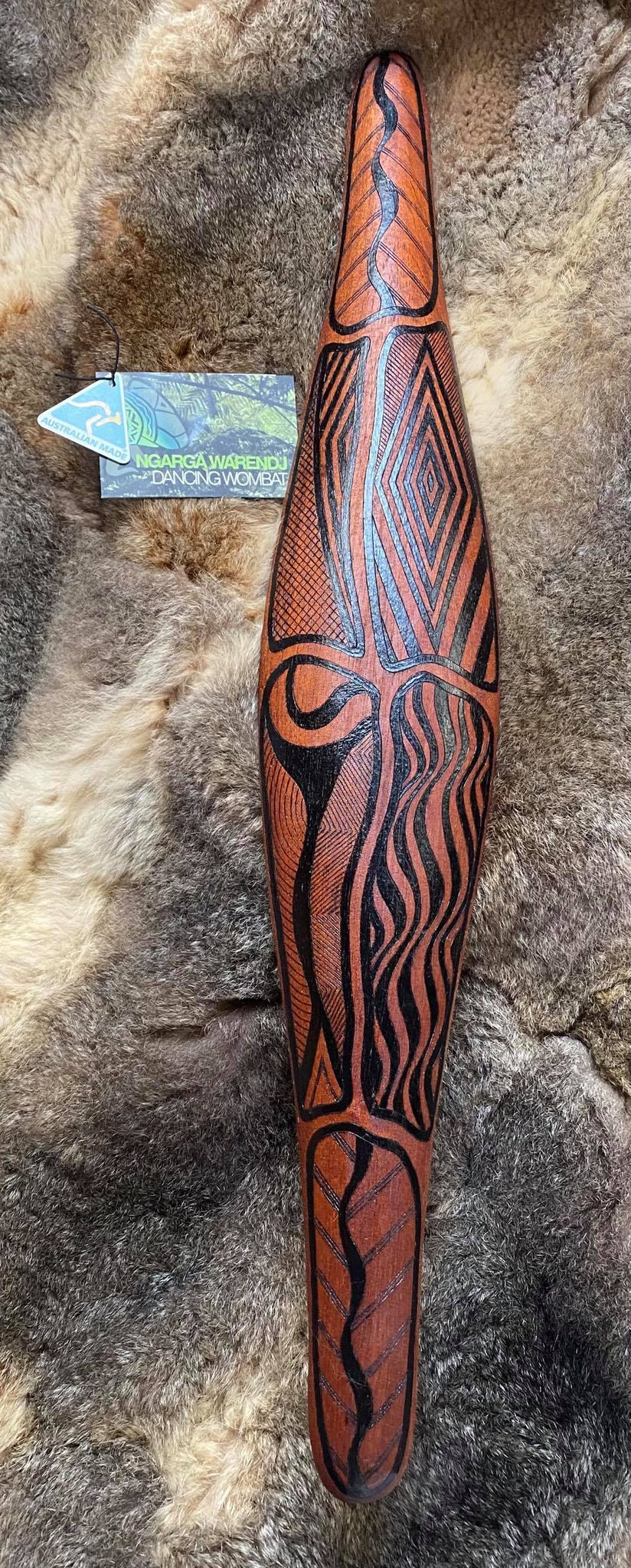 Ngarga Warendj Dancing Wombat Medium Parrying Malgarr with Walert the Possum Skin Cloak Design. Mick Harding South East Aboriginal Art