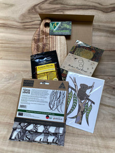 Kitchen Gift Box Hamper 3 PACK OPTIONS - Oval Board, Gum Leaves Tea Towel, Indigiearth Pack, 3 Pack Food Wraps, Card