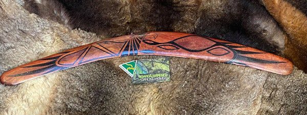 X-Large Bundjil the Wedge Tailed Eagle Wangim / Boomerang. Made from Redgum timber. Hand Crafted in Australia. All artefacts come with an information card. The card has information about the artist, artefact and design. All our wangim are made from timber collected from tree roots or branches that have a natural bend. All designs are based on traditional symbols from South East Australia