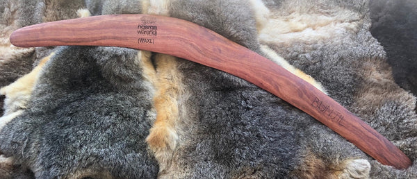X-Large Bundjil the Wedge Tailed Eagle Wangim / Boomerang. Made from Redgum timber.  Hand Crafted in Australia.  All artefacts come with an information card.  The card has information about the artist, artefact and design. All our wangim are made from timber collected from tree roots or branches that have a natural bend. All designs are based on traditional symbols from South East Australia