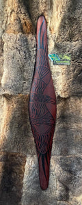 Parrying Malgarr - Large Wide with Bunjil the Wedge Tailed Eagle Design. Traditionally malgarr ( shields ) were used with liyangayil (fighting clubs) for hand to hand combat with our enemies. I have replicated the shape of these shields in my artwork. Hand crafted in Australia from Australian Red Cedar timber. All artefacts come with an information card. The card has information about the artist, artefact and design. All designs are based on traditional Aboriginal symbols from South East Australia.