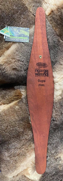 Ngarga Warendj Dancing Wombat Medium Parrying Malgarr with Walert the Possum Skin Cloak Design. Mick Harding South East Aboriginal Art