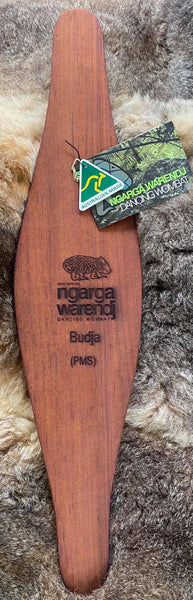 Ngarga Warendj Dancing Wombat Parrying Malgarr Shield with Budja the Platypus Design. Hand crafted in Australia from Australian Red Cedar timber. All artefacts come with an information card. The card has information about the artist, artefact and design. All designs are based on traditional symbols from South East Australia. Mick Harding