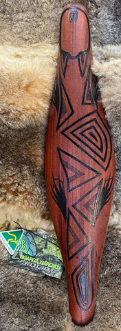 Ngarga Warendj Dancing Wombat Parrying Malgarr Shield with Budja the Platypus Design. Hand crafted in Australia from Australian Red Cedar timber. All artefacts come with an information card. The card has information about the artist, artefact and design. All designs are based on traditional symbols from South East Australia. Mick Harding