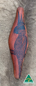 Parrying Malgarr Shield with Gaan the Cockatoo Design.    Hand crafted in Australia from Australian Red Cedar timber. All artefacts come with an information card.   The card has information about the artist, artefact and design.   All designs are based on traditional symbols from South East Australia.