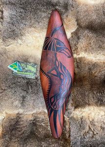Australian Red Cedar Parrying Malgarr with Bunjil the Wedge Tailed Eagle Design. and Made in Australia by Ngarga Warendj Dancing Wombat - Victorian Taungurung artist Mick Harding.