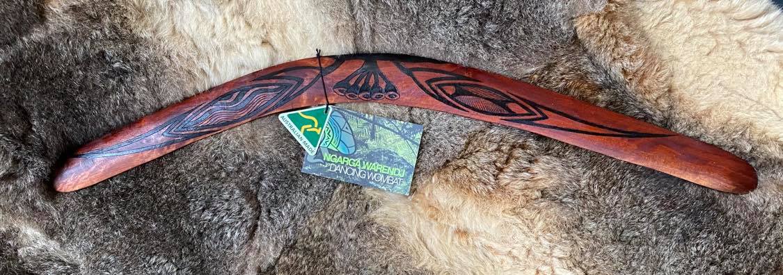 Large Womindjeka Gum Leaves Wangim / Boomerang. Hand Crafted in Australia by Ngarga Warendj.   All our wangim are made from timber collected from tree roots or branches  that have a natural bend. All designs are based on traditional symbols from South East Australia