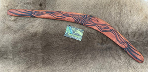 X-Large Bundjil the Wedge Tailed Eagle Wangim / Boomerang. Made from Redgum timber.  Hand Crafted in Australia.  All artefacts come with an information card.  The card has information about the artist, artefact and design. All our wangim are made from timber collected from tree roots or branches that have a natural bend. All designs are based on traditional symbols from South East Australia
