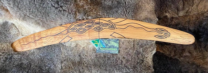 X-Large Barebin Buk the Turtle Wangim / Boomerang. Hand Crafted in Australia by Ngarga Warendj. All our wangim are made from timber collected from tree roots or branches that have a natural bend. All designs are based on traditional symbols from South East Australia